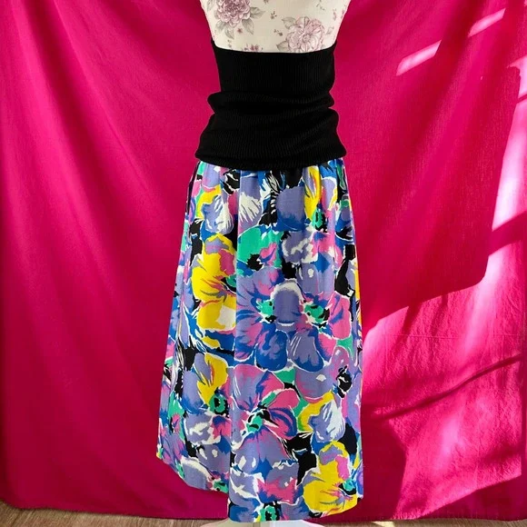 Vintage 80s 90s Floral Pleated Midi Long Skirt Lavender Pink Teal Cotton Size 14 - Picture 5 of 17